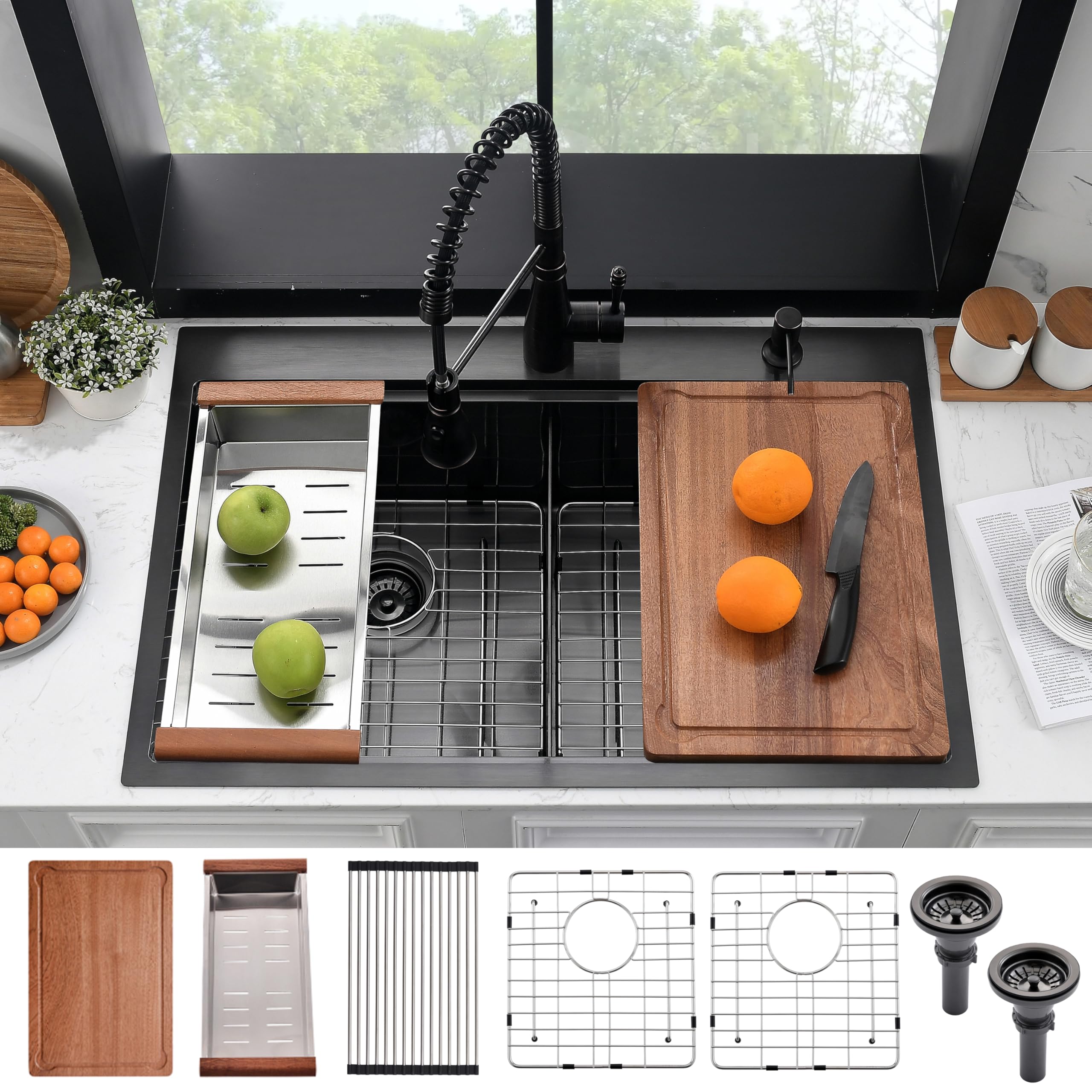 Photo 1 of 33 Inch Drop In Kitchen Sink Black Double Bowl Workstation -HACHENL 33x22 Topmount Kitchen Sink 50/50 Double Bowl 16 Gauge Black Stainless Steel 10 Inch Deep Kitchen Sink With Accessories