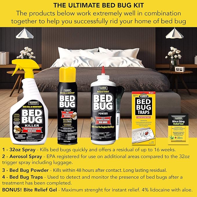 Amazon Com Harris Bed Bug Killer Value Bundle Kit 32oz Bed Bug Killer 16oz Aerosol Spray 4oz Bed Bug Powder W Brush 4 Pack Bed Bug Detection Glue Traps And Bed Bug Bite