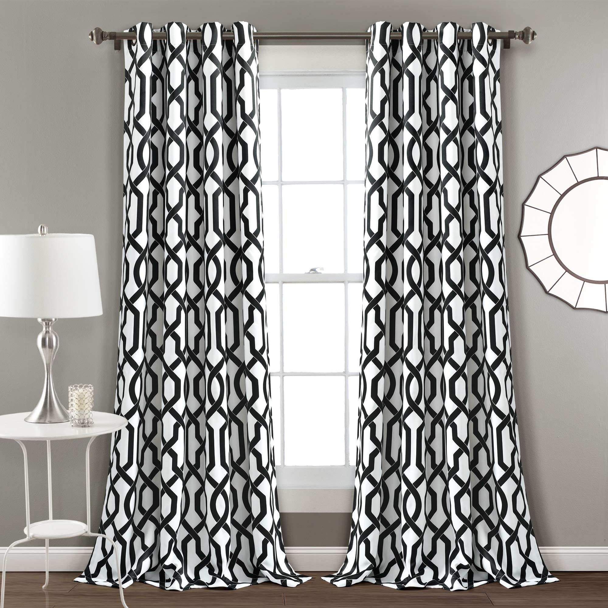 Lush Decor Edward Trellis Curtains Room Darkening White & Black Window Panel Set for Living, Dining, Bedroom (Pair), 84” x 52”, Polyester