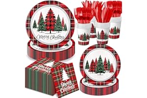 Oigco Christmas Disposable Paper Dinnerware Set Includes Plates, Cups, Napkins, Cutlery for Buffalo Plaid Merry Christmas Party Decorations, Serves 20