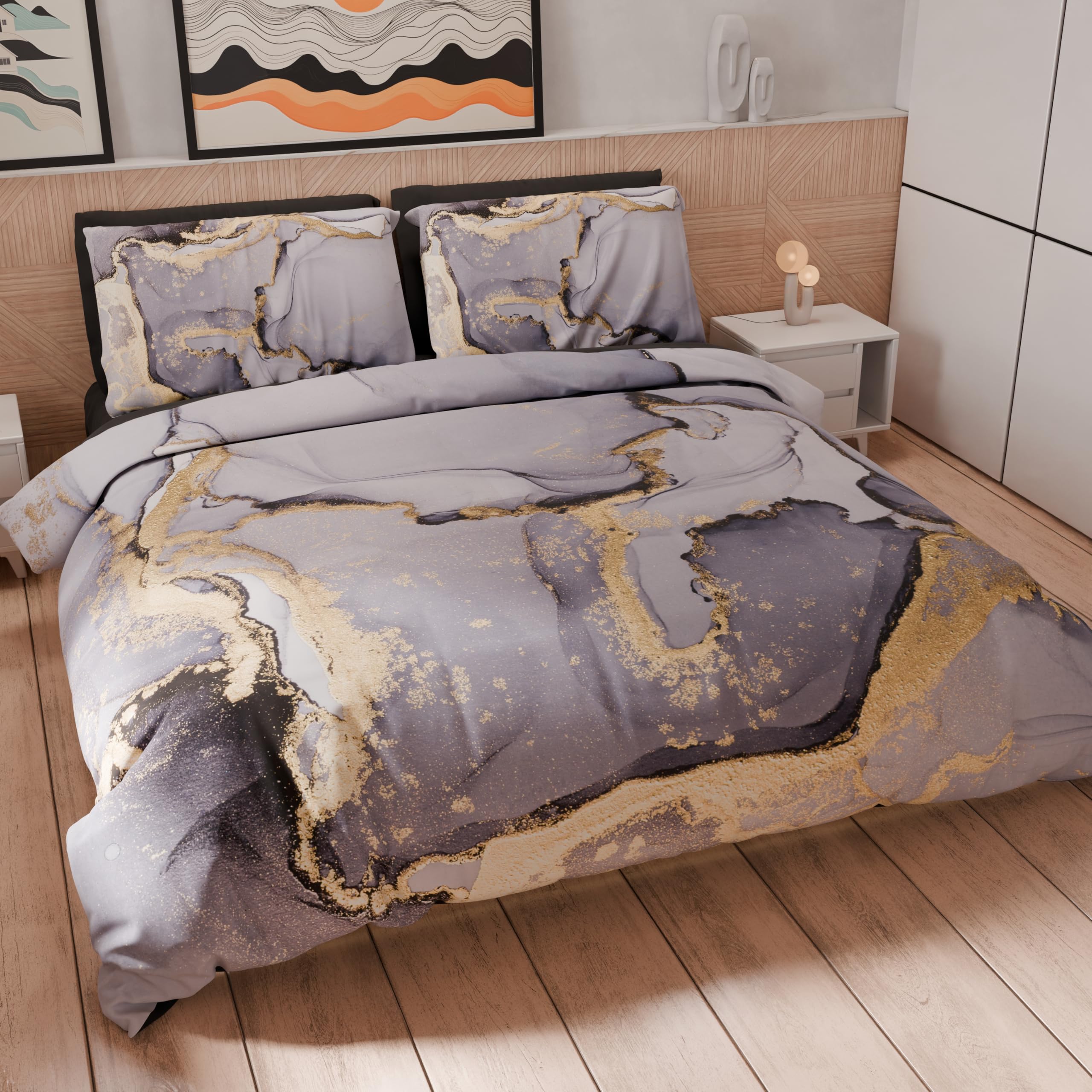 PETTI Artigiani Italiani - Double Duvet Cover 250 x 200 cm, Microfibre Duvet Cover with Digital Print + 2 Pillowcases 50 x 80 cm - Made in Italy - Marble Grey