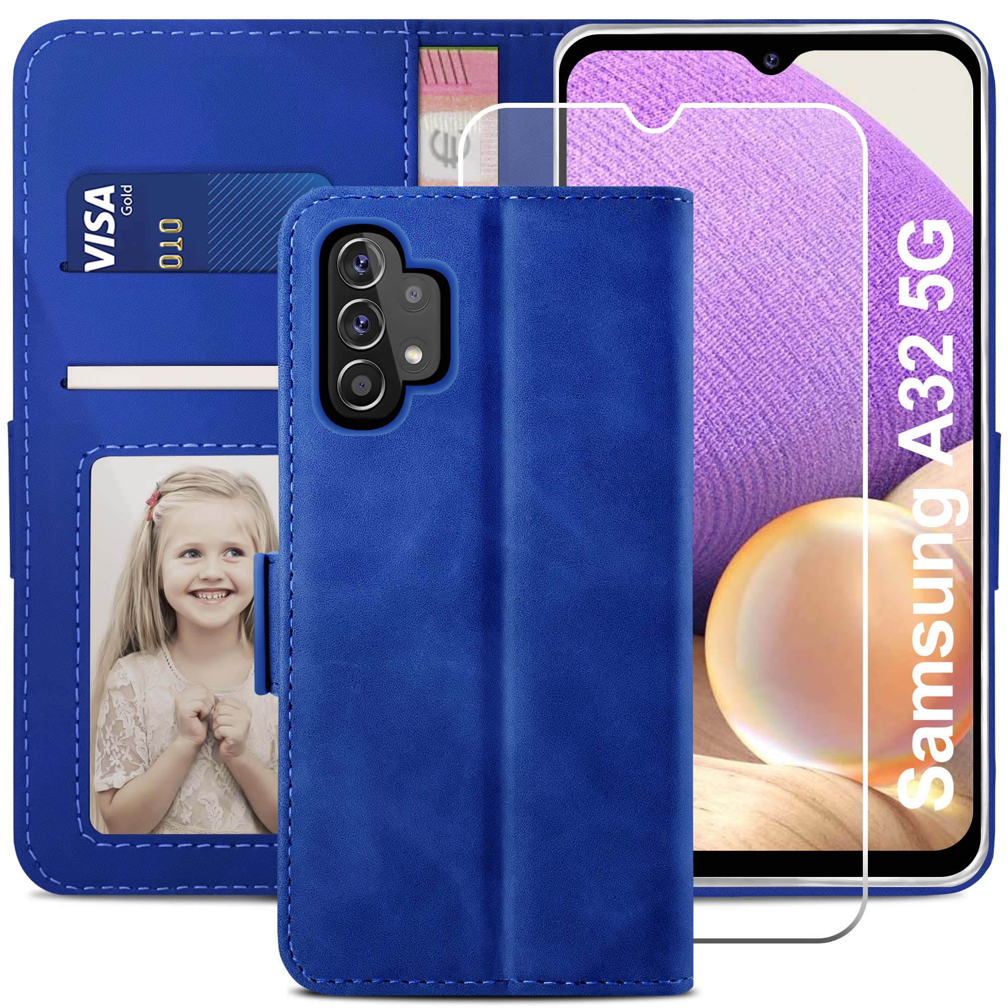 YATWIN Compatible with Samsung Galaxy A32 5G Case, Flip Wallet Leather Case with Tempered Glass Screen Protector and Card Slot Kickstand Phone Cases Cover for Samsung A32 5G - Royal Blue
