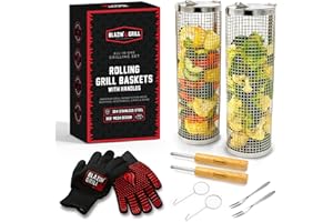 BLAZIN' GRILL Rolling Grill Basket with Removable Handle | 2 x Grilling Basket & Smoker Accessories | Grill Baskets for Outdoor Grill with BBQ Gloves | Barbecue Grill Baskets for Vegetables, Seafood & Meat