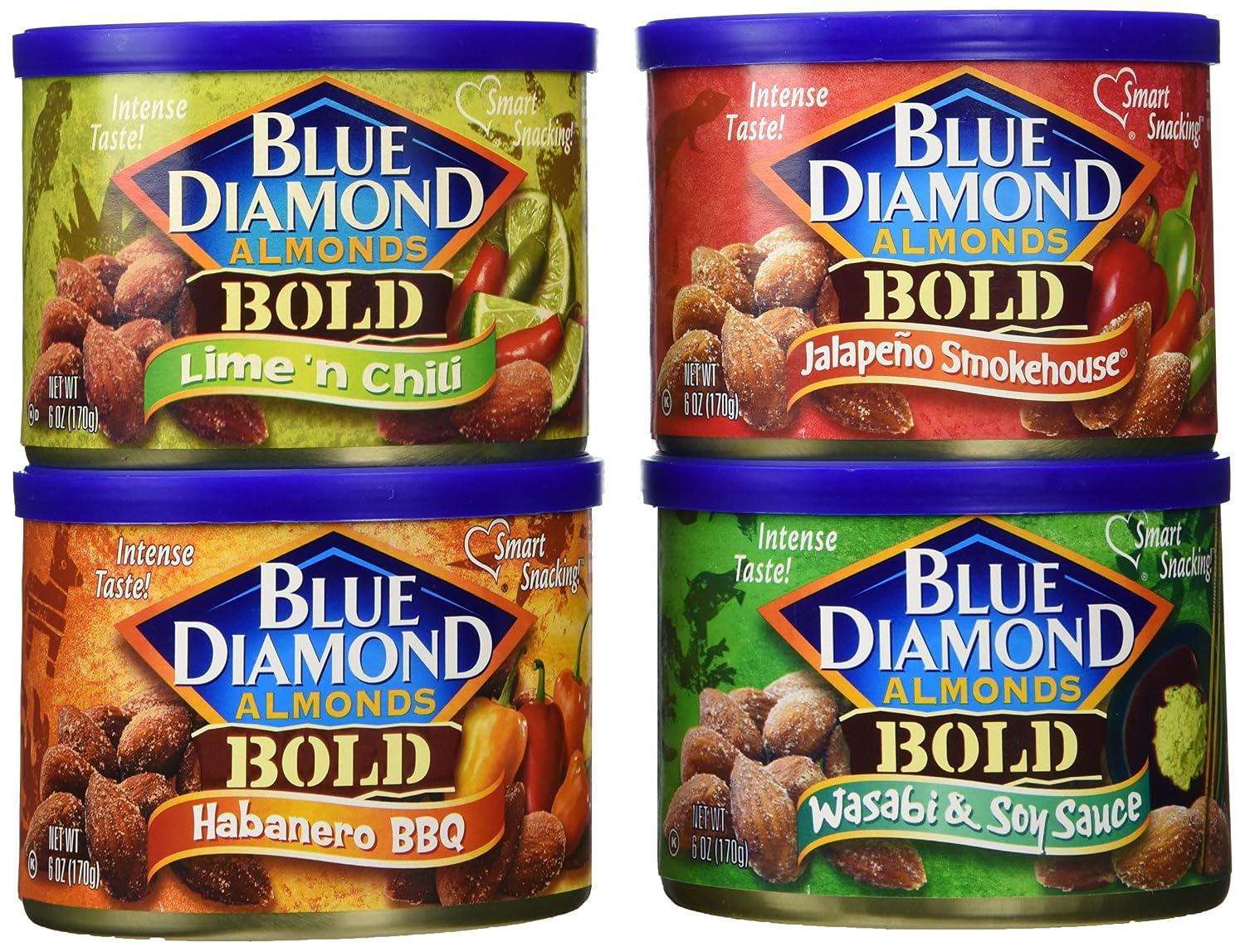 Blue Diamond Almonds Bold Variety Pack Of 4 X 6Oz Cans Lime 'N Chili, Habanero Bbq, Jalapeno Smokehouse, Wasabi & Soy Sauce (720825772103)