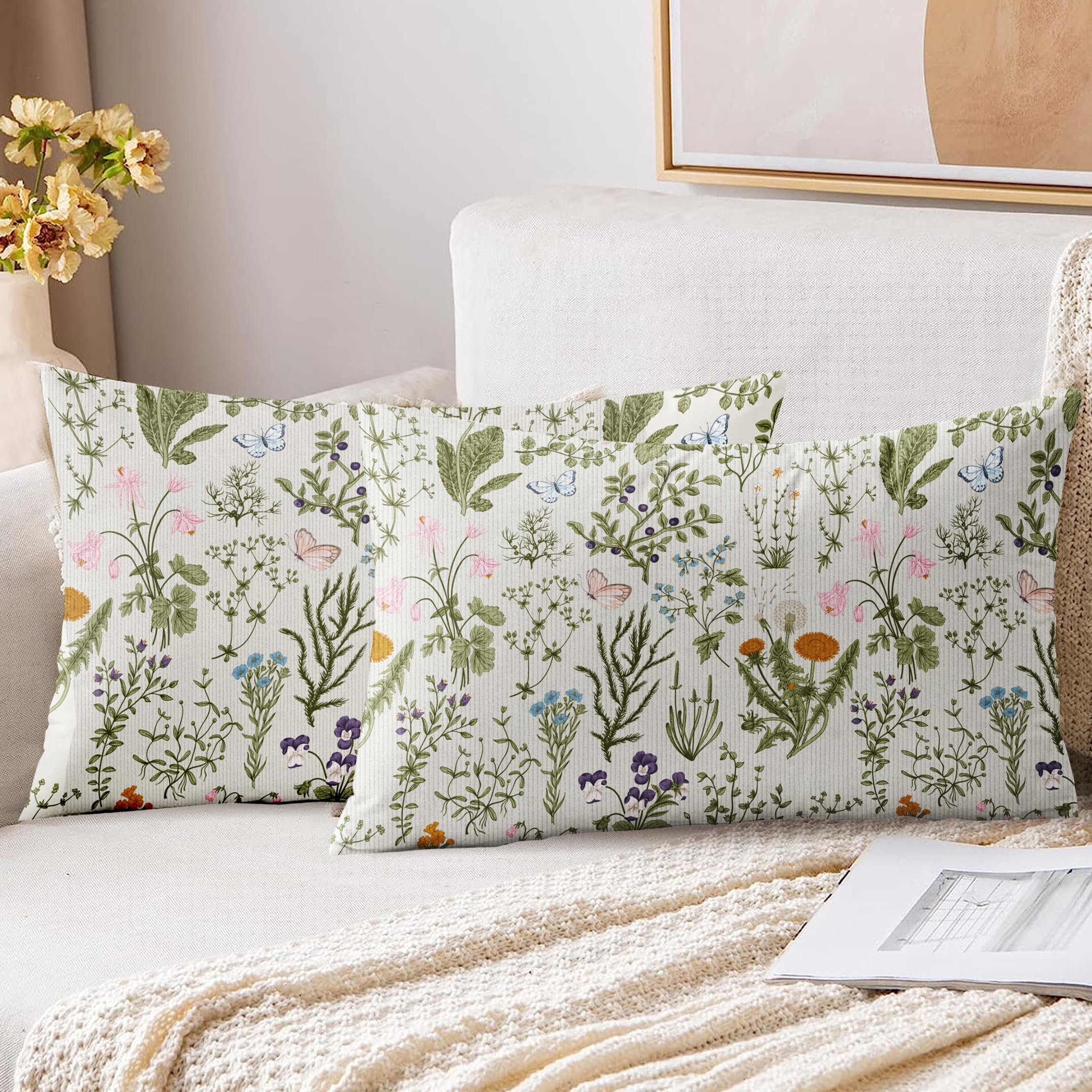 XPHZZL Cushion Covers Set of 2 Pack 30 x 50 cm - Soft Sage Green Wild Flower Plant Rectangle Cushion Covers for Sofa Bed Garden Outdoor Spring Decor Flower Plant with Invisible Zipper 12 x 20 Inch