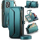 Strapurs Wallet Case Compatible with iPhone 14 RFID Blocking 7-Card Holder Soft PU Leather Magnetic Snap Shoulder Strap Zipper Pocket Phone Case Fit for iPhone 14 for Women 6.1" - Blue Green
