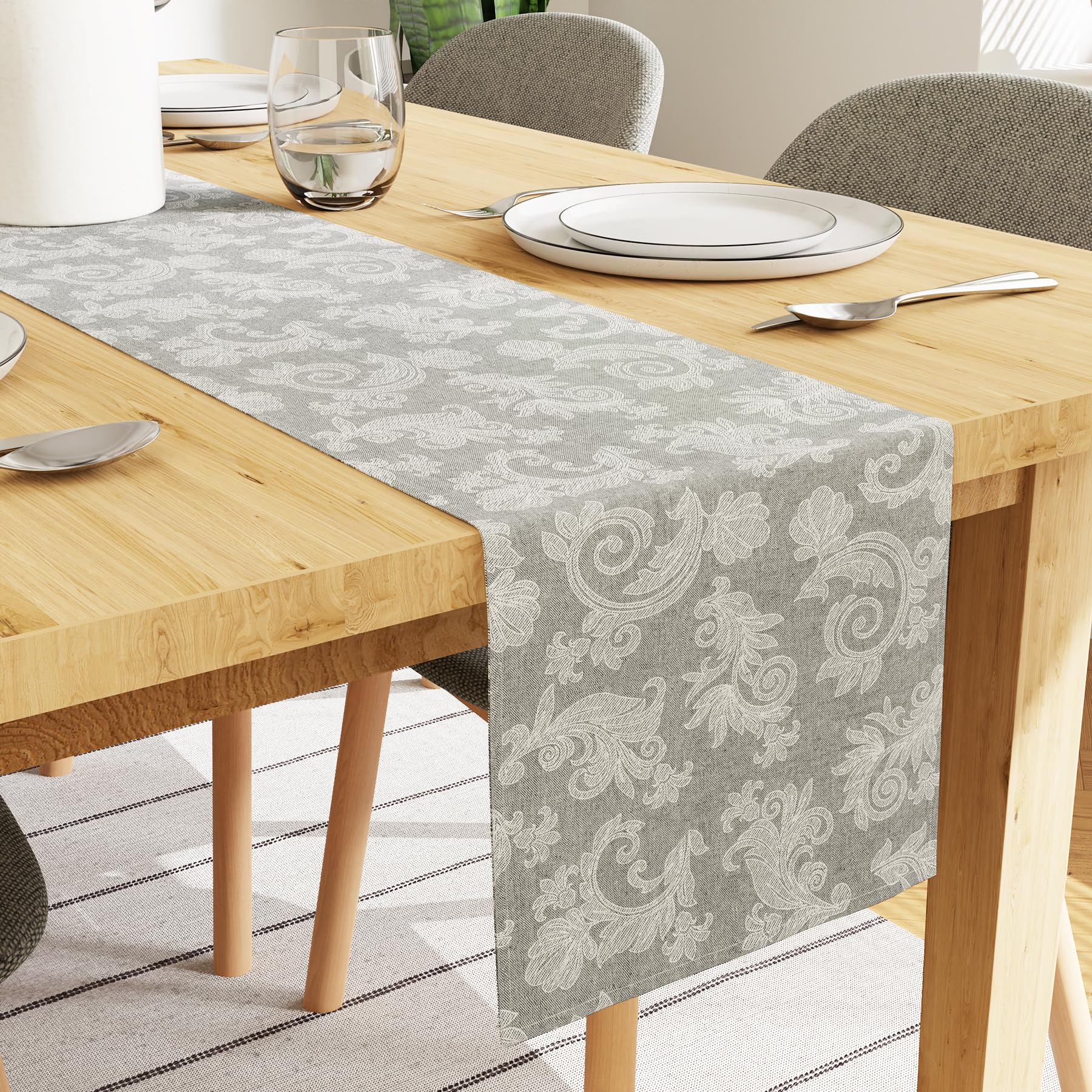 Encasa XO Dining Table Runner for 8 to 10 seater I Size 32x304 cm | - Floral Grey Jacquard Style Print on Homespun Cotton | Fast Colours, Machine Washable