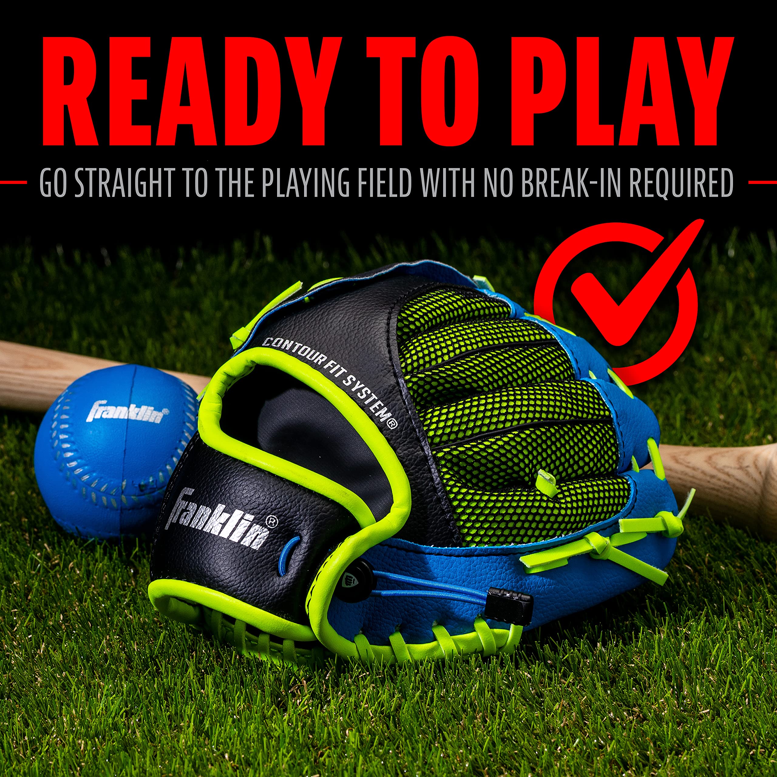 Franklin Sports Youth Teeball Glove - 9.0 Inch Neo-Grip Synthetic Leather Fielding Glove - Left & Right Handed Ready To Play with Ball
