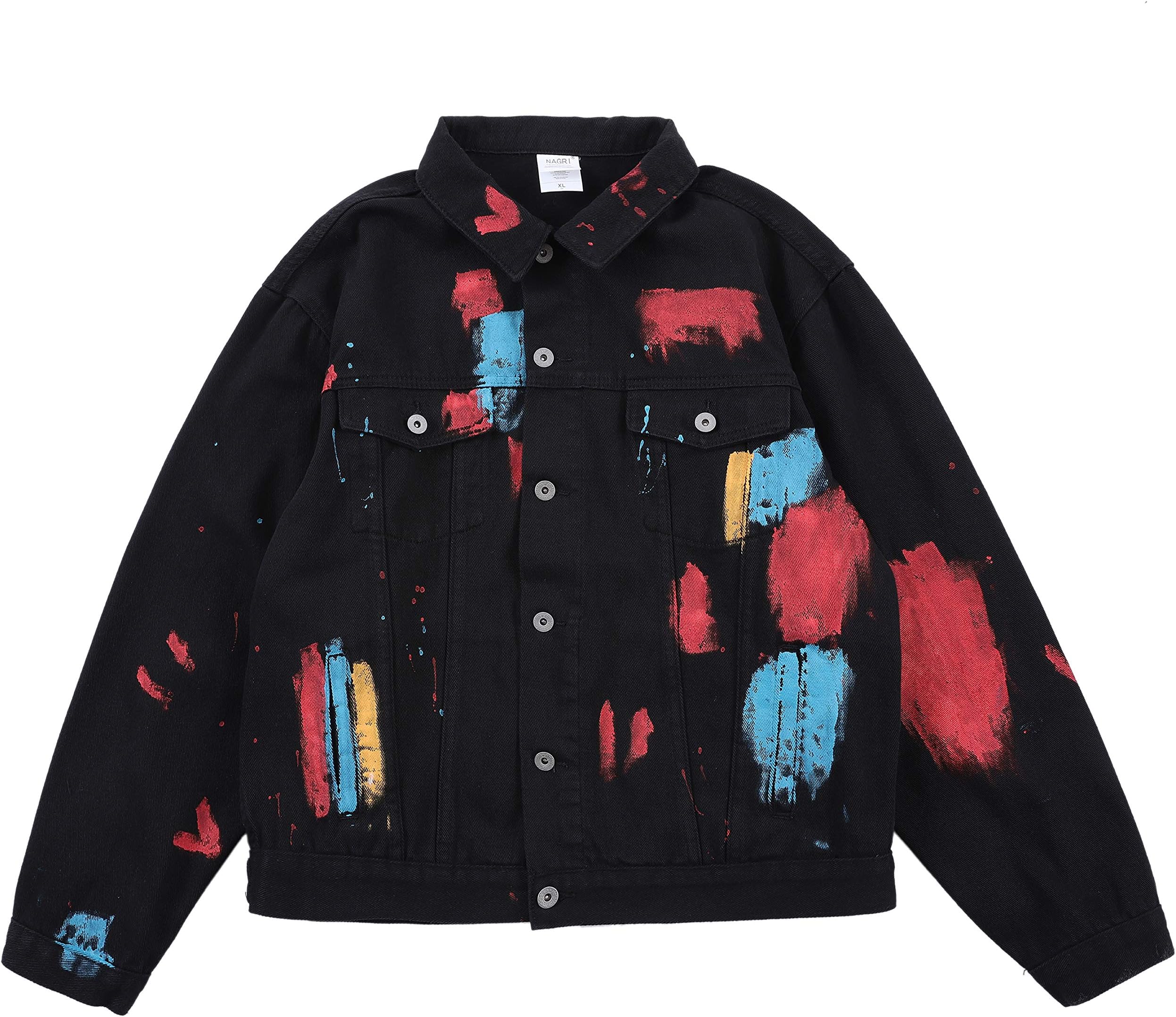 NAGRI Men's Colorful Denim Jackets Ripped Personality Ink Graffiti Button Down Jean Jacket Coat