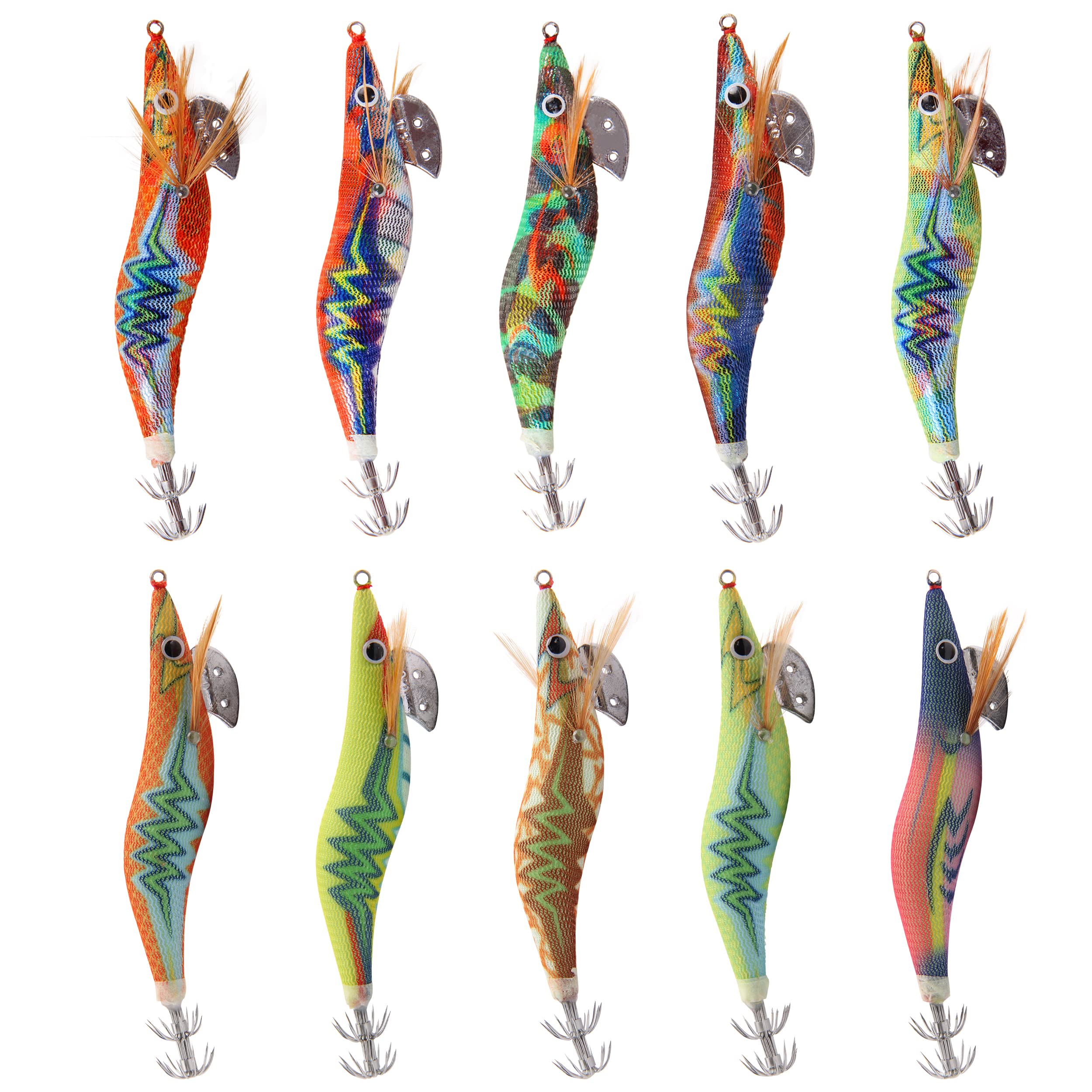 Luminous Squid Jig Hook Saltwater Fishing Lures Kit 10pcs Luminous Hard Lure Baits Artificial Squid Jig Hooks Prawn Shrimp Fishing Lures for Octopus Cuttlefish(2.5#-10pcs)