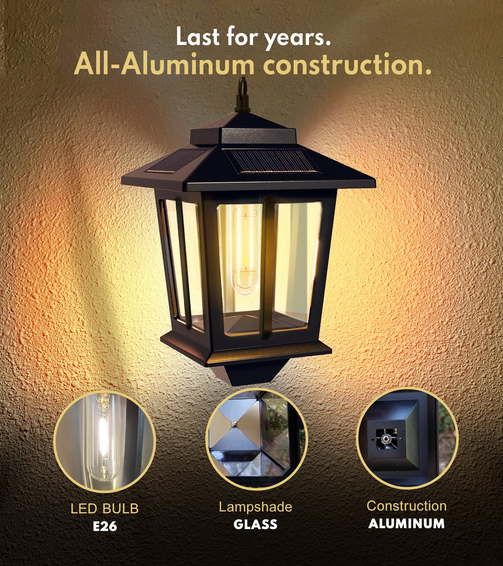 2 Pack Hanging Solar Lantern, Aluminum Outdoor Hanging Solar Lights with 4 Solar Panels, Dusk to Dawn Led Outdoor Solar Lanterns, Anti-Rust Waterproof Solar Wall Lanterns with Hooks, 3000K Warm White