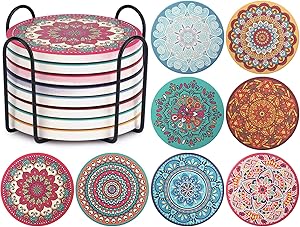 CHEFBEE Set of 8 Coaster for Drinks Absorbent Mandala Ceramic Coasters with Cork Base, Metal Holder, Stone Coasters Set for Wooden Table, Great Home and Dining Room Decor, Housewarming Gift