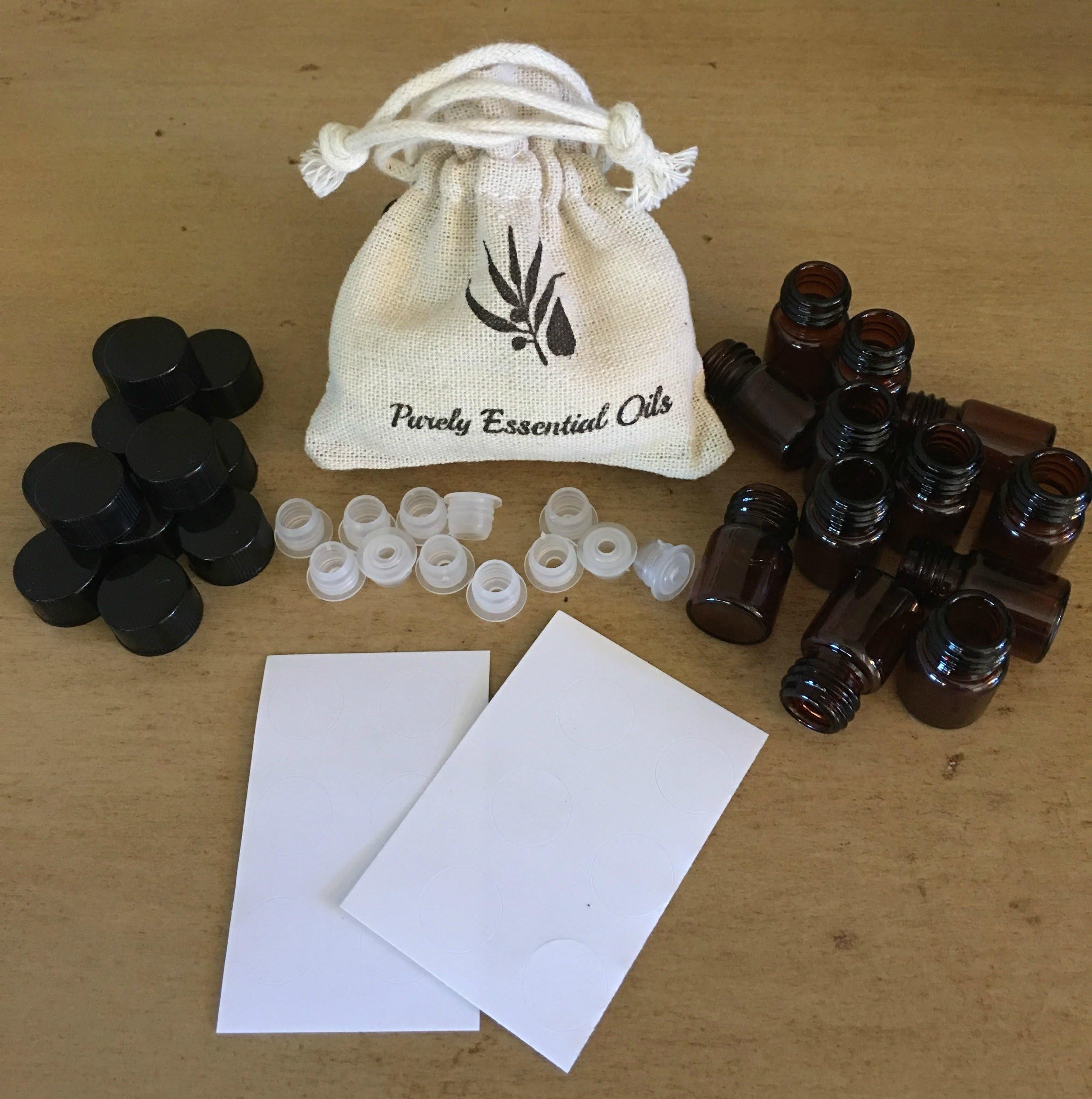 Amber Glass Vials, 5/8 Dram (2ml) WITH LID STICKERS AND SATCHEL BAG, (Orifice Reducers and lids included)- One Dozen