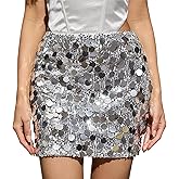 Jokesky Sequin Skirt for Women, Sparkly Shiny Silver Sequin Skirt, Fit Rave Party Dance Club Wear
