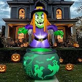 Joiedomi 6 Ft Halloween Inflatable Witch and Cauldron Decoration with Projecting Rotating Green Ghost Light, Inflatable Yard Decor Blow Up with Build-in LEDs for Halloween Party Indoor, Outdoor Decor