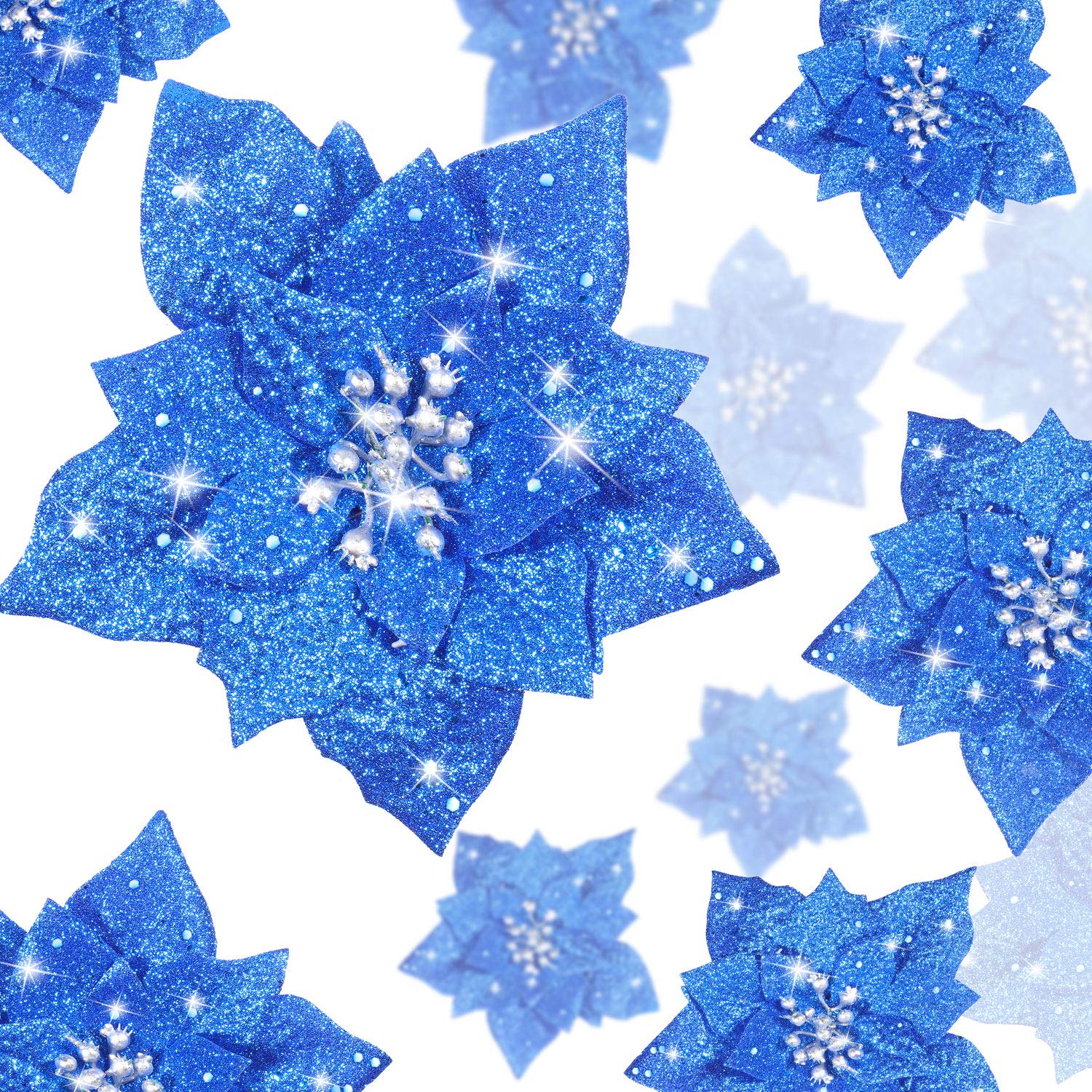 WILLBOND 36 Pieces Christmas Glitter Poinsettia Faux Flowers Christmas Flowers Decorations Wedding Xmas Tree New Year Ornaments (Blue)