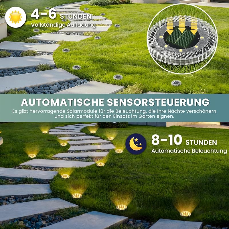 Solarleuchten für den Außenbereich, 20 Stück Solar-Bodenleuchten, IP65 wasserdicht für Treppen, Terrasse und Gehwege (Warmweiß) — Foto 2 von 6
