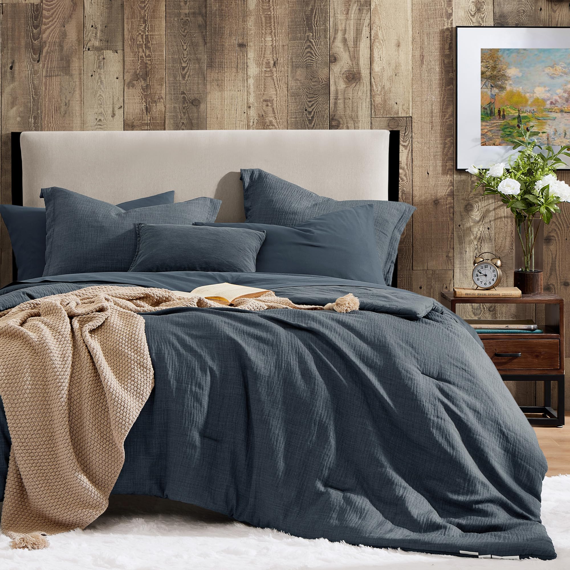 Photo 1 of Geniospin Full Comforter Set - 7 Pieces Comforter Full Size, Solid Bedding Sets for All Season, Textured Bed in a Bag with Flat Sheet and Fitted Sheet, Pillowcases and Shams (Navy Blue, 80''x90'')