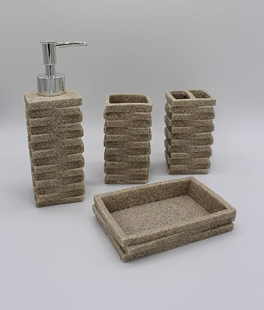 Euro Tische Bad Set 4 Tlg In Beige Sand Optik Seifenspender Zahnburstenbecher Becher Badezimmer Zubehor Sand Beige Amazon De Kuche Haushalt