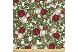 Ambesonne Christmas Fabric by the Yard, Pine Fir Cones Balls and Coniferous Tree Leaves Holly Berry Old Fashioned, Decorative