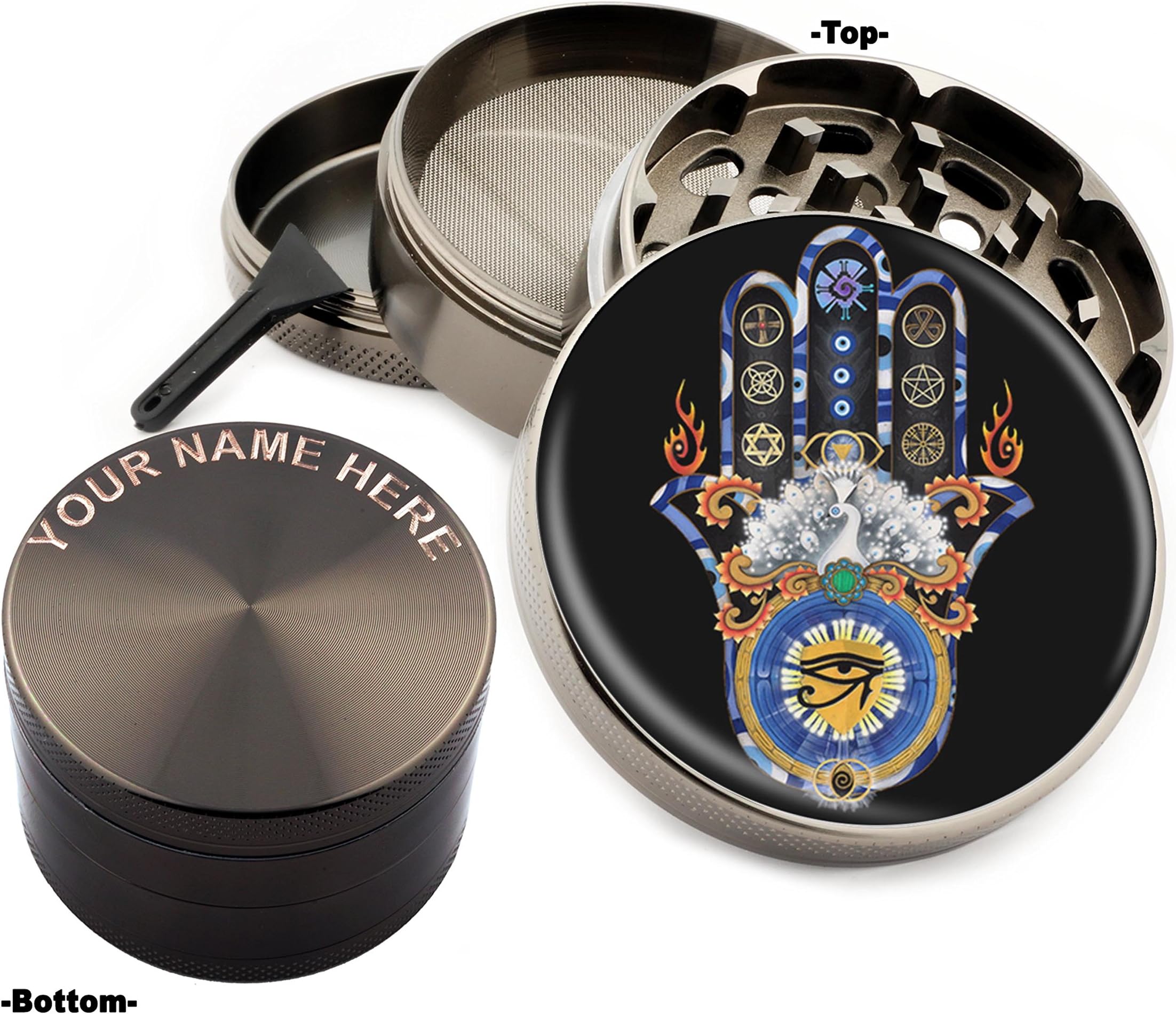 Hamsa Design Large Size Zinc Grinder With Your Name FREE - Gift Pack Item # 111315-232