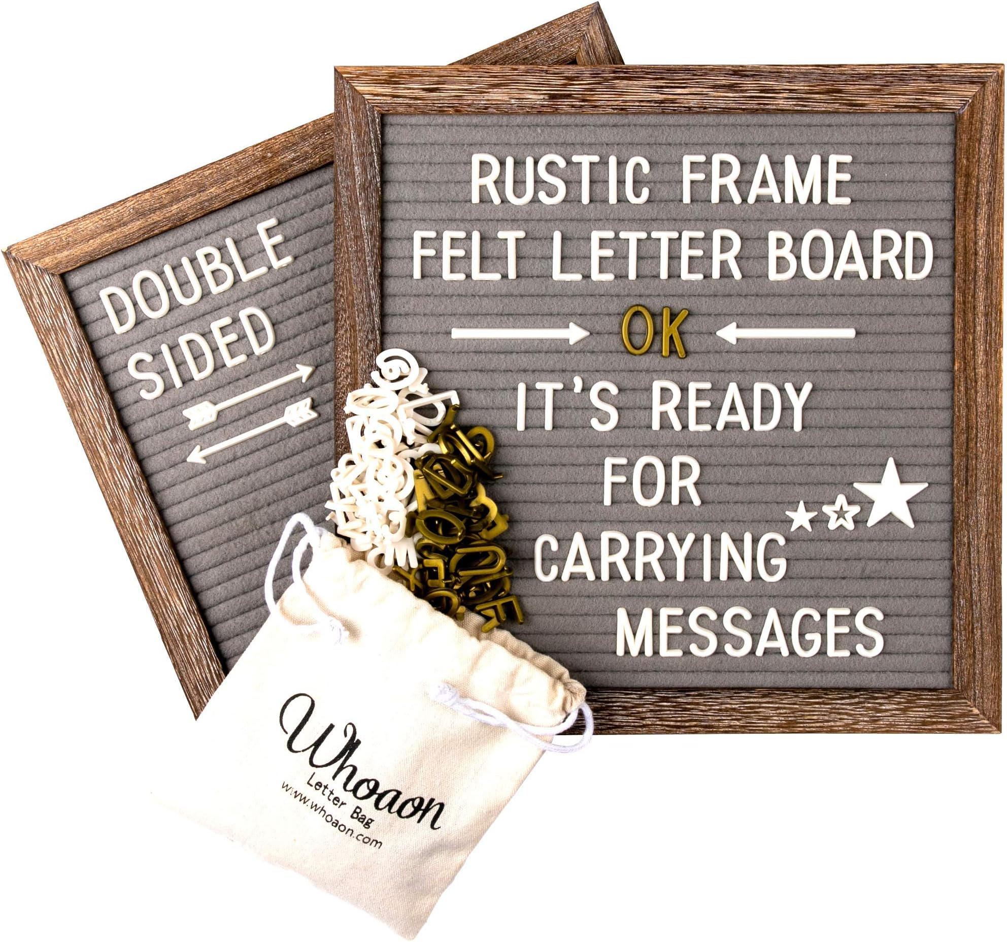 Rustic Wood Frame Double Sided Gray & Gray Felt Letter Board 10x10 inch. Precut White & Gold Letters, Script Cursive Words, Wood Stand, Scissors. Changeable Letter Sign for Rustic Farmhouse Wall Decor