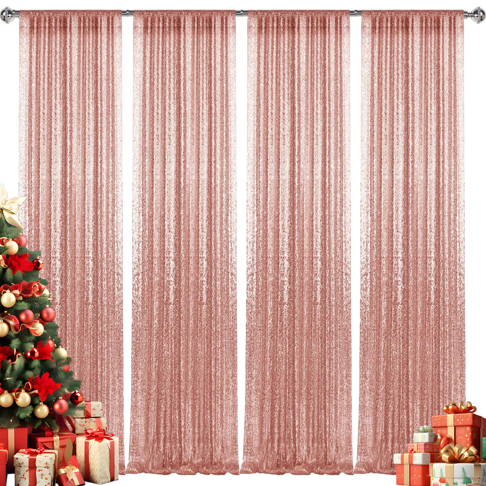 Photo 1 of 2×8FT-4PCS Rose Gold Sequin Backdrop Curtains Panels, Photography Backdrop Glitter Curtains Fabric Background for Christmas Wedding Party Decor