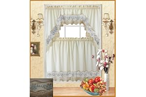 FANCY LINEN Fancy Collection 3pc Beige with Embroidery Floral Kitchen/Cafe Curtain Tier and Valance Set 001092 (Blue/Beige)
