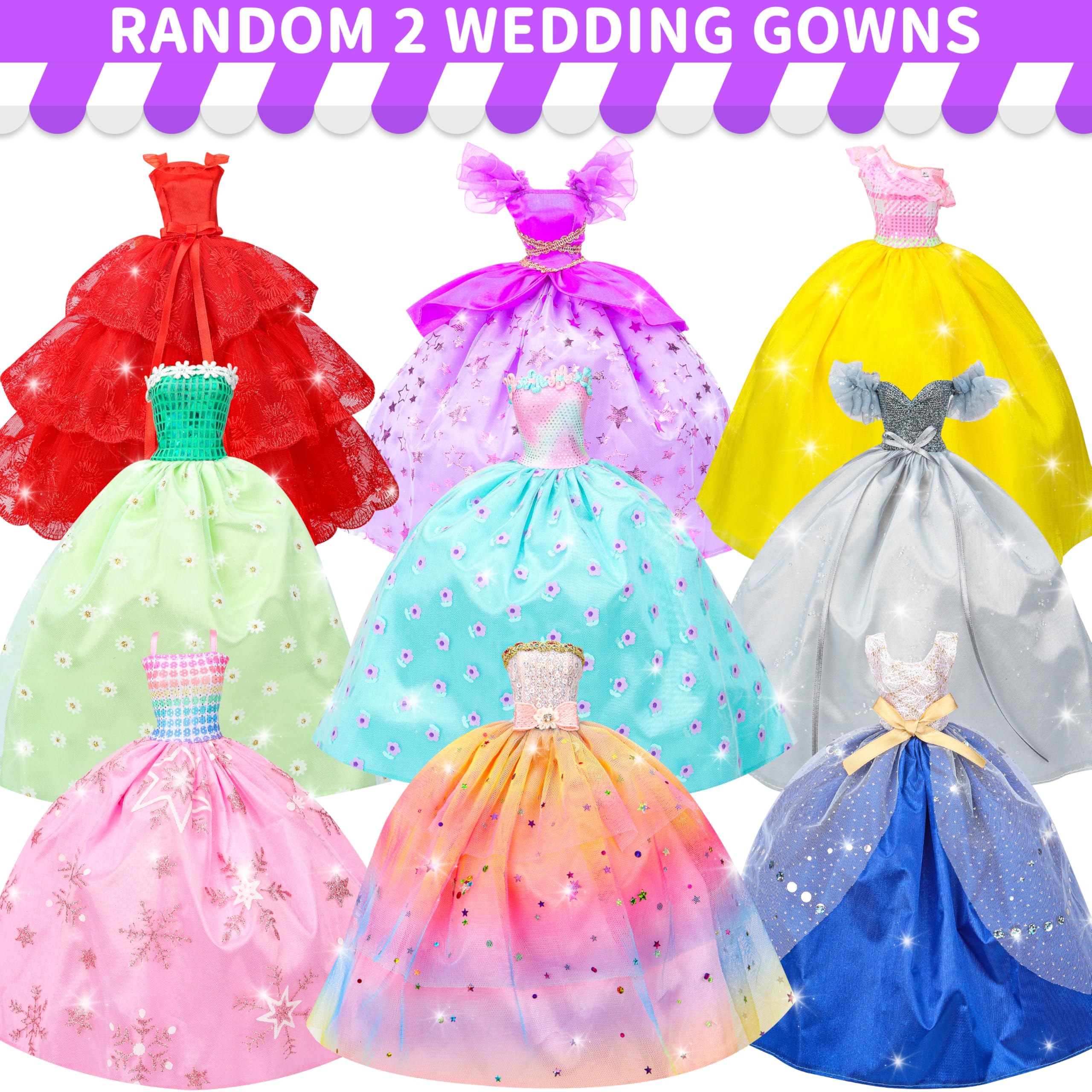 Style Shine 52 Pcs Doll Clothes and Accessories,2 Wedding Gowns 6 Fashion Dresses 2 Set Casual Outfits Top and Pant 2 Swimsuit,20 Hanger 10 Shoe 10 Accessories Toys for Girls Kids Birthday Gift
