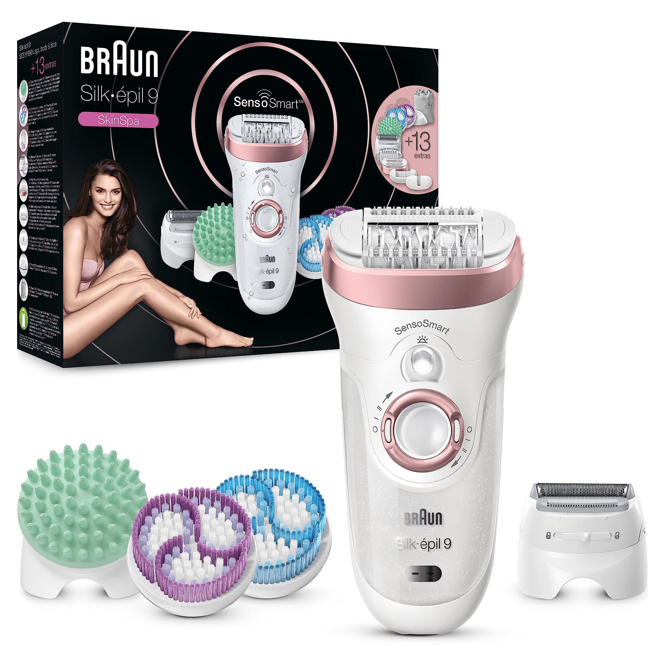 Braun Silk Epil 9 Epilator for Women, Facial Cap, Skin Contact Shaver, Trimmer and 3 Body Brushes for Sensitive Areas Exfoliation
