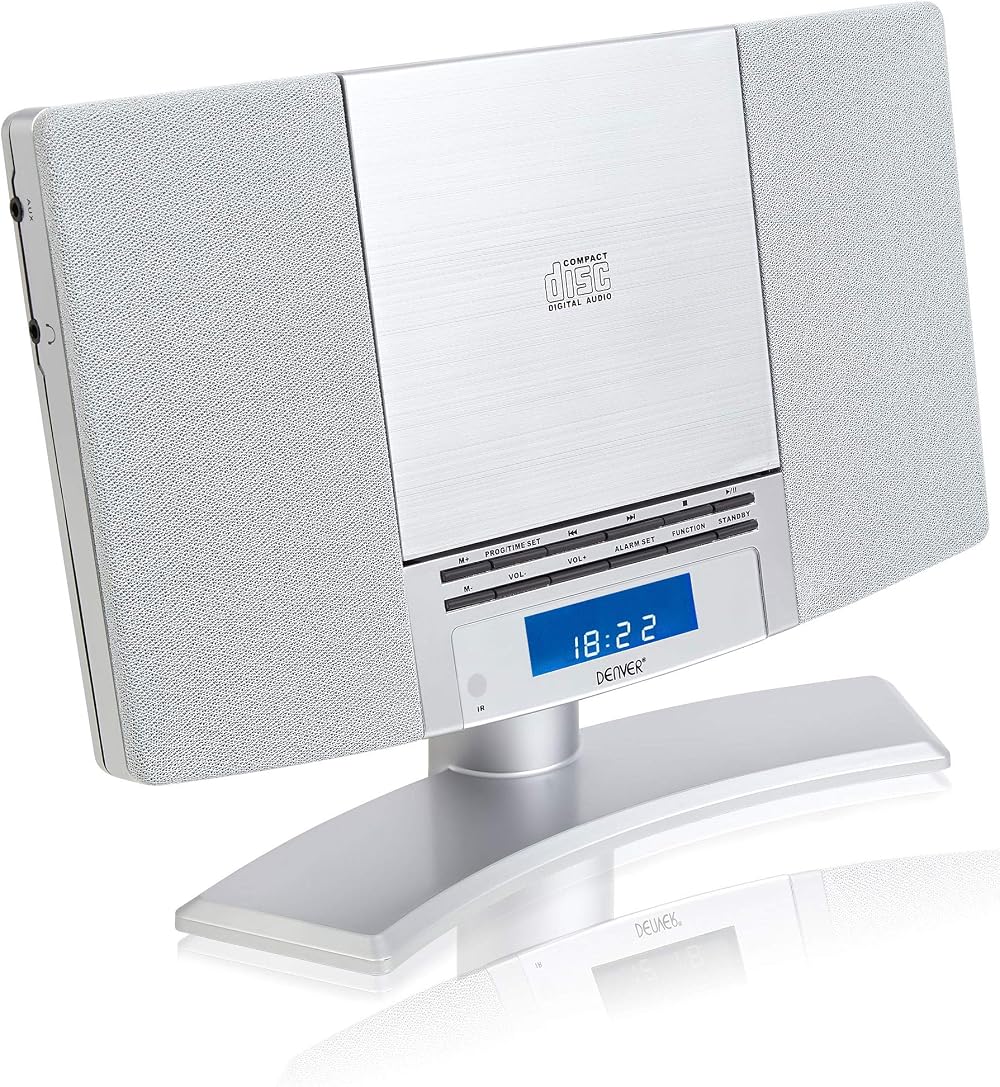 Denver CD Player with Speakers Wall Mount Desk Stand Alarm Clock Radio Silver