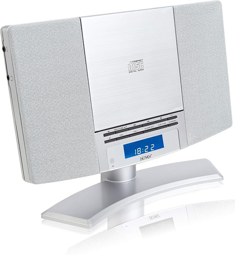 Denver CD Player with Speakers Wall Mount Desk Stand Alarm Clock Radio Silver