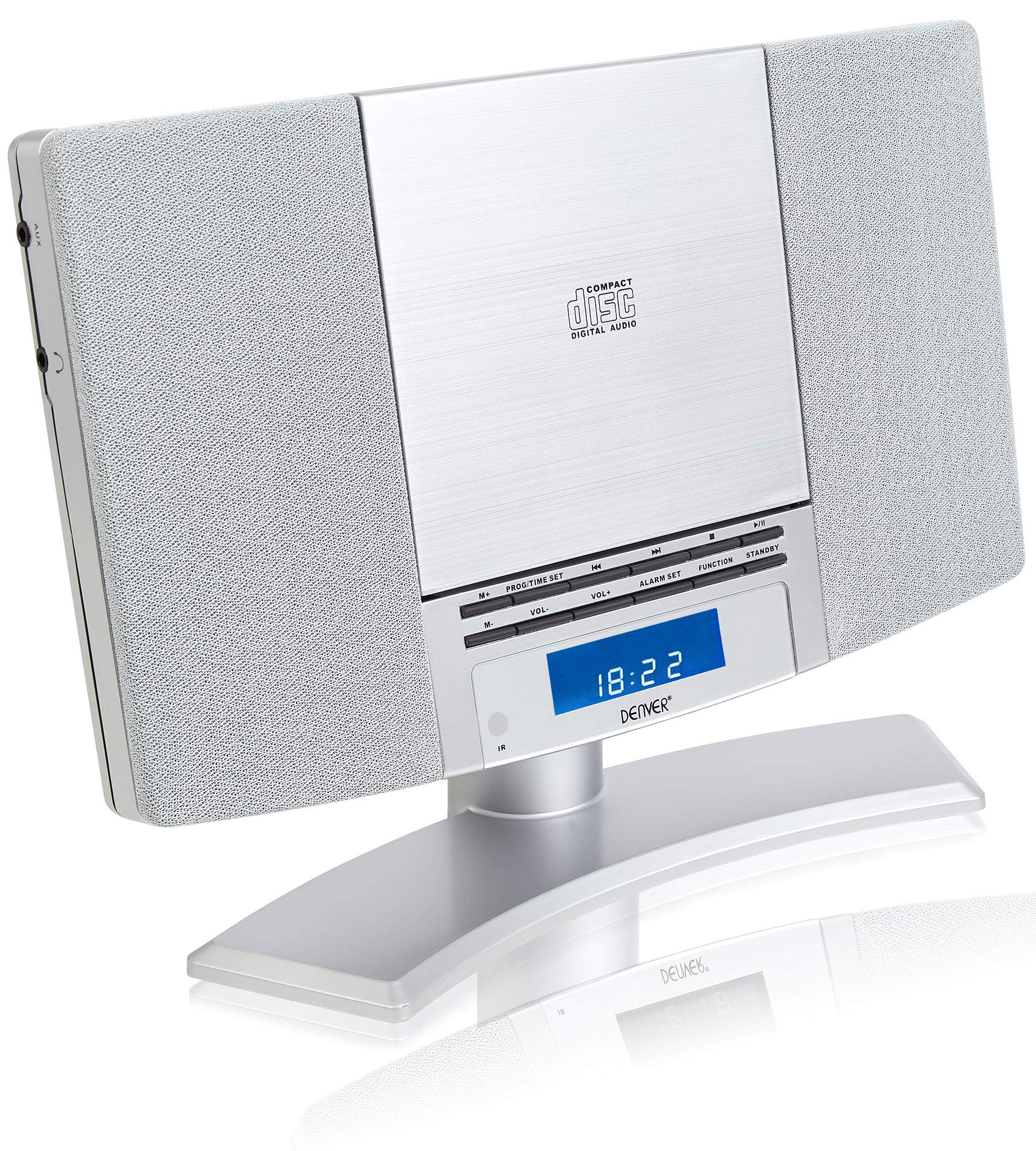 Denver Radio CD Player With Speakers, Wall Mounted or Desktop Stand Small Mains Operated Alarm Clock Radio Boombox Home Audio CD Player with Remote Control - Silver