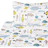 J-pinno Many Fish Sardine Pufferfish Flatfish Whale Ocean Sea Cartoon Twin Sheet Set for Kids Girls Boys Children 100% Cotton Flat Sheet + Fitted Sheet + Pillowcase Bedding Decoration Gift Set
