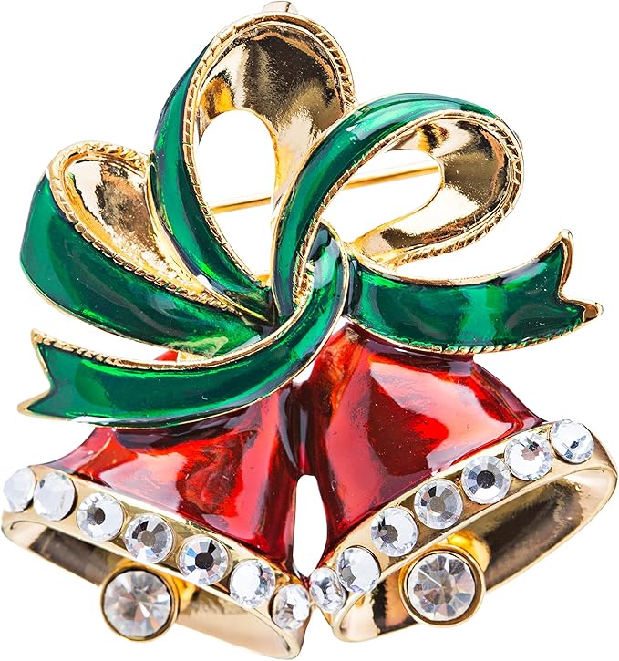 Christmas Jewelry Red Bells Green Ribbon Gold Tone Holiday