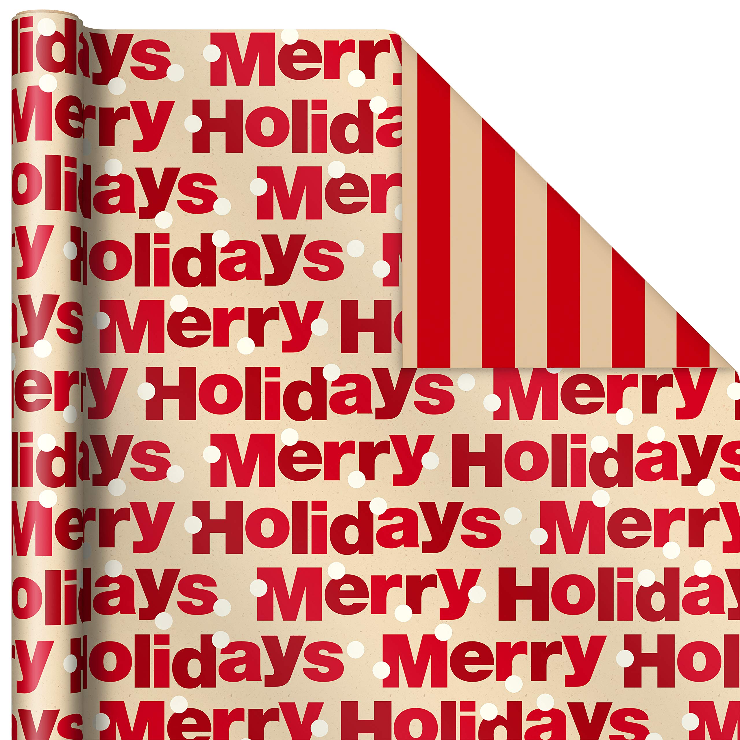 Hallmark Reversible Christmas Wrapping Paper (3 Rolls: 120 sq. ft. ttl) Merry Holidays, Snowflakes, Snowmen, Red Stripes