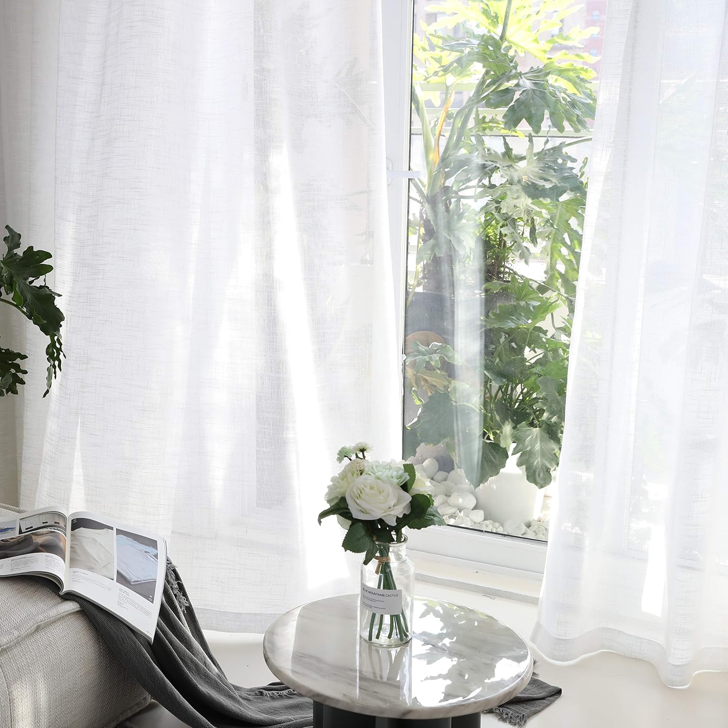 Home Brilliant Net Curtains for Windows 72 inch Drop Semi Transparent Voile Curtain Panels White Linen Look Sheer Curtains for Bedroom Living Room 72 inches Drop - Image 5