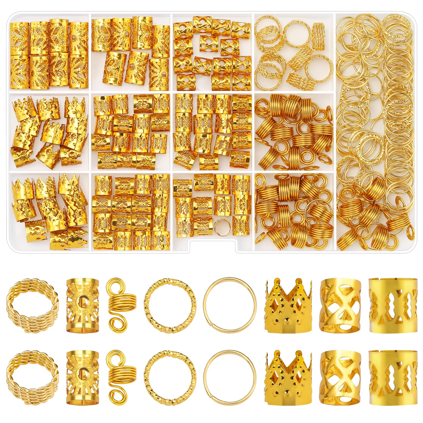 Etercycle 262pcs Hair Jewellery for Braids, Gold Dreadlock Beads Locs Accessories Hair Charms Rings for Women Girls Hair Braids Decoration (Gold)
