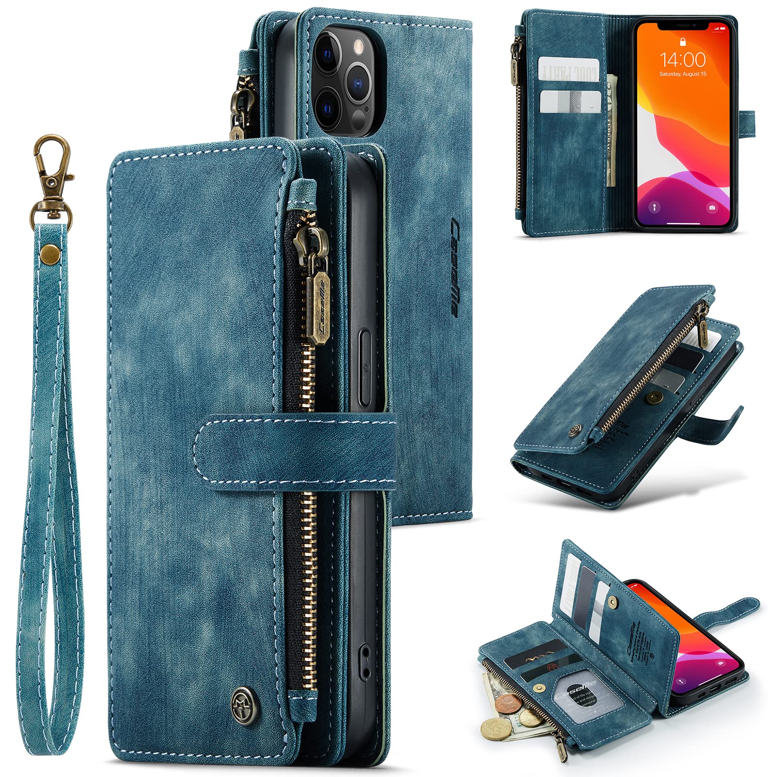 UEEBAI Wallet Case for iPhone 12/iPhone 12 Pro 6.1 inch, Premium Handmade PU Leather Phone Case Card Slots Magnetic Closure Zipper Pocket Kickstand Flip Case with Hand Strap - Vintage Blue