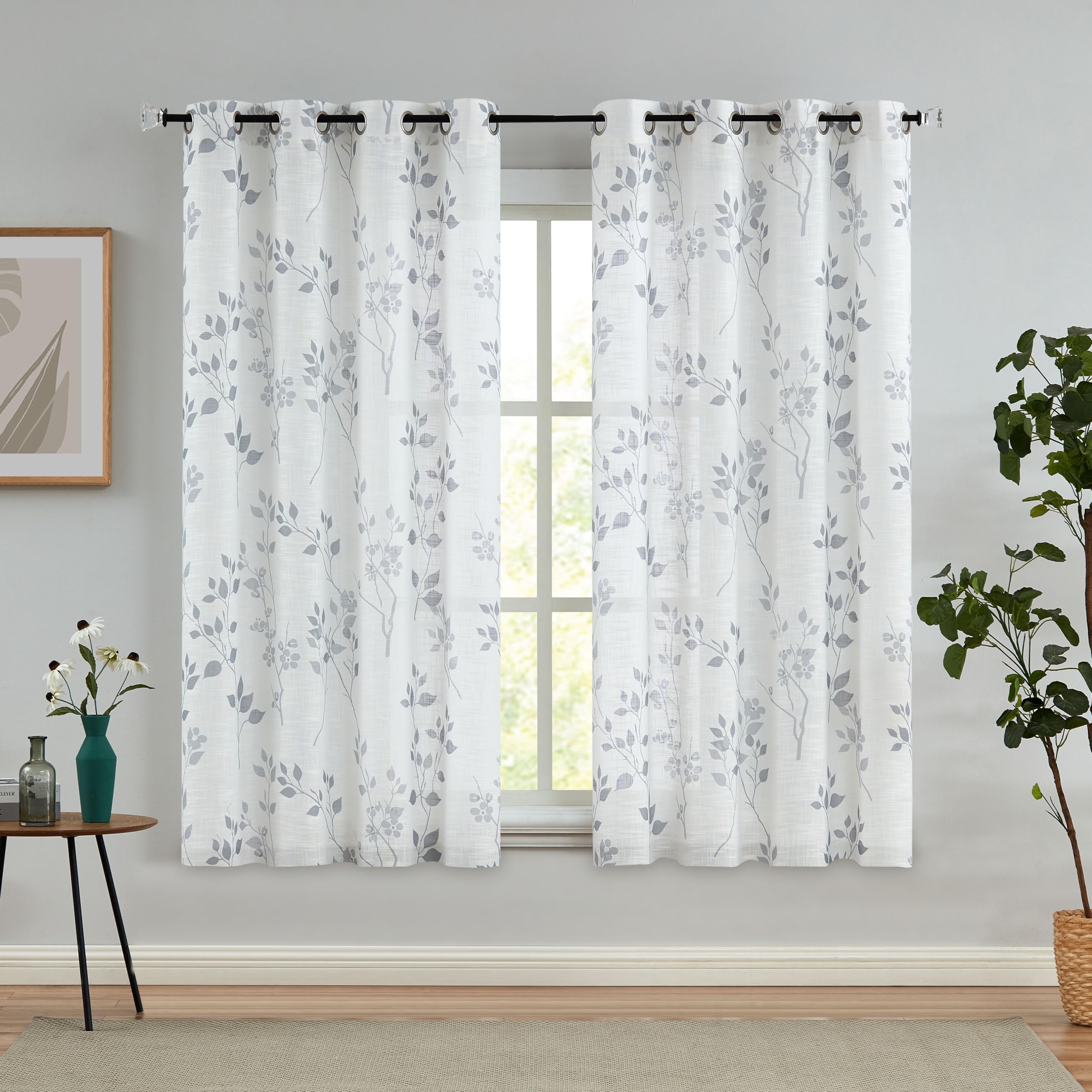 Beauoop Grey Semi Sheer Floral Curtains for Living Room Bedroom 54 Inch Drop Linen Textured Farmhouse Curtains Leaf Printed Eyelet Rustic Drapes Window Treatment Set 2 Panels