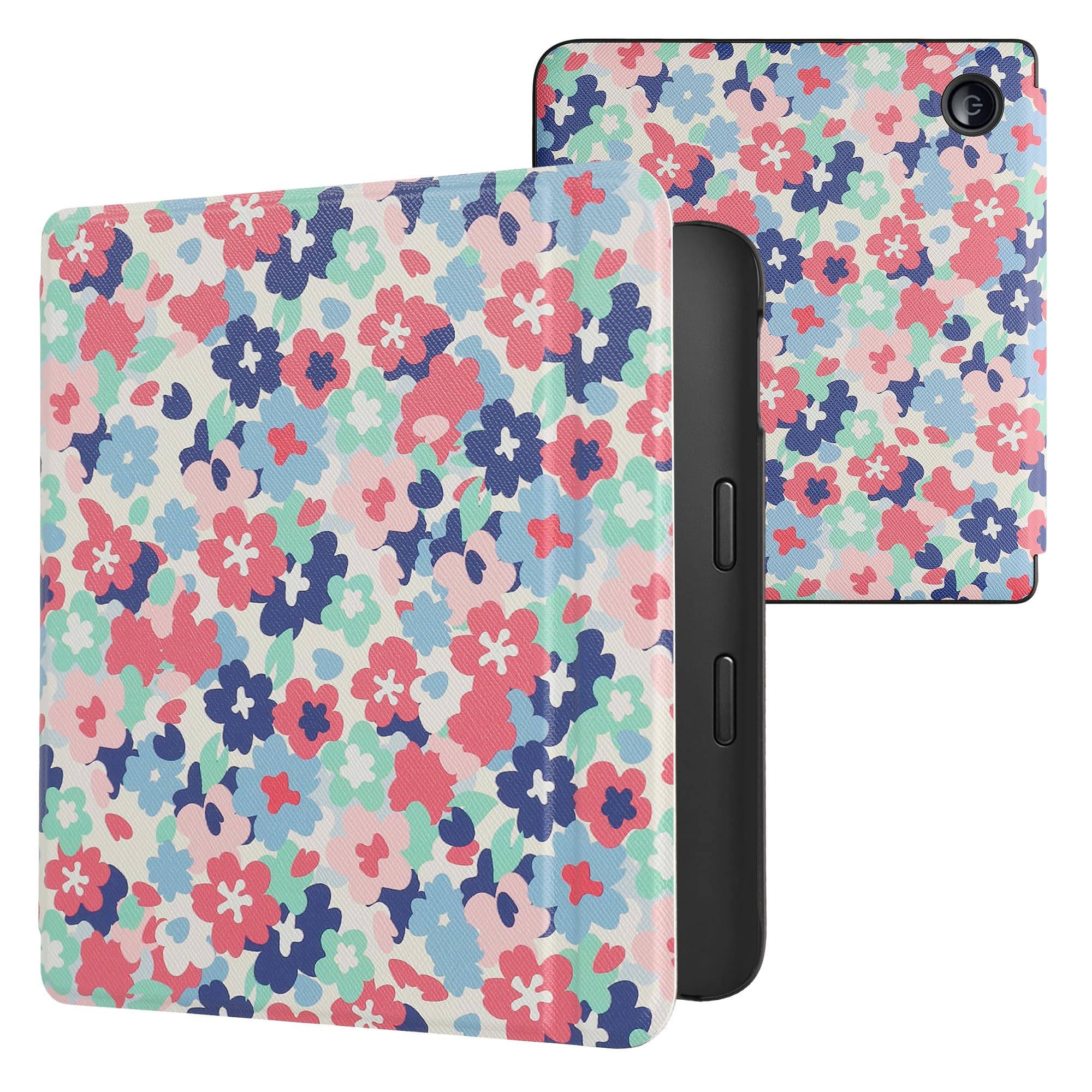 kwmobile Case Compatible with Kobo Libra 2 Case - eReader Cover - Pastel Flowers Red/Dusty Pink/Blue — image 1