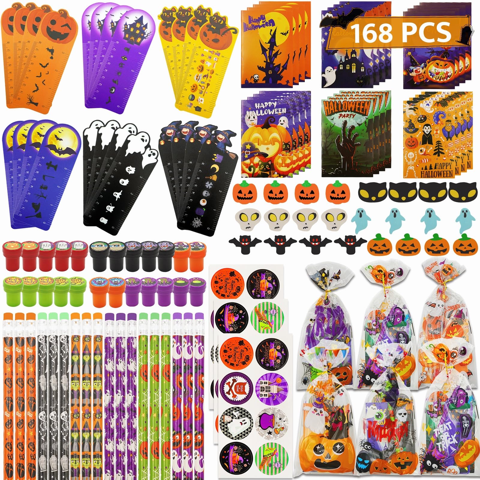 Photo 1 of 168 PCS Halloween Party Favors for Kids, 24 Pack Halloween Stationery Set for Halloween Party School Classroom Prizes Goodie Bags Stuffers Trick or Treats Gifts