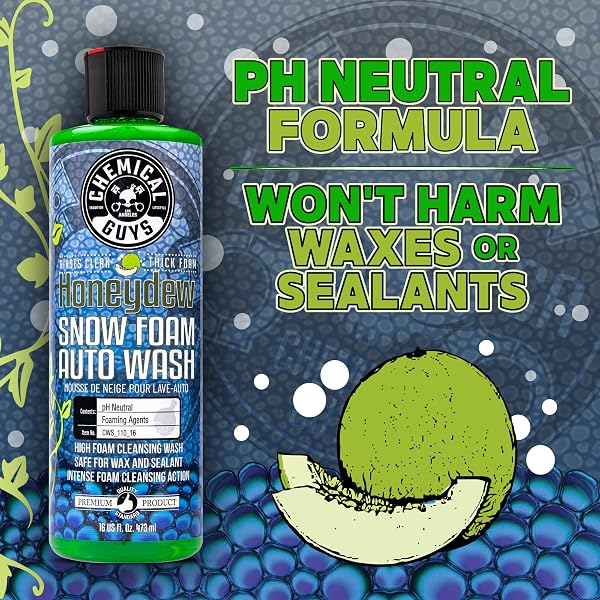 CHEMICAL GUYS CWS_110_16 HONEYDEW SNOW FOAM CAR WASH SOAP (WORKS WITH FOAM CANNONS, FOAM GUNS OR BUCKET WASHES) SAFE FOR CARS, TRUCKS, MOTORCYCLES, RVS & MORE, 16 FL OZ, HONEYDEW SCENT
