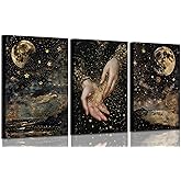 3 Pcs Vintage Celestial Canvas Wall Art Moody Dark Academia We Are All Stardust Romatic Aesthetic Witchy Landscape Pictures Wall Decor Poster Print Artwork for Apartment Bedroom Dorm Girls Room