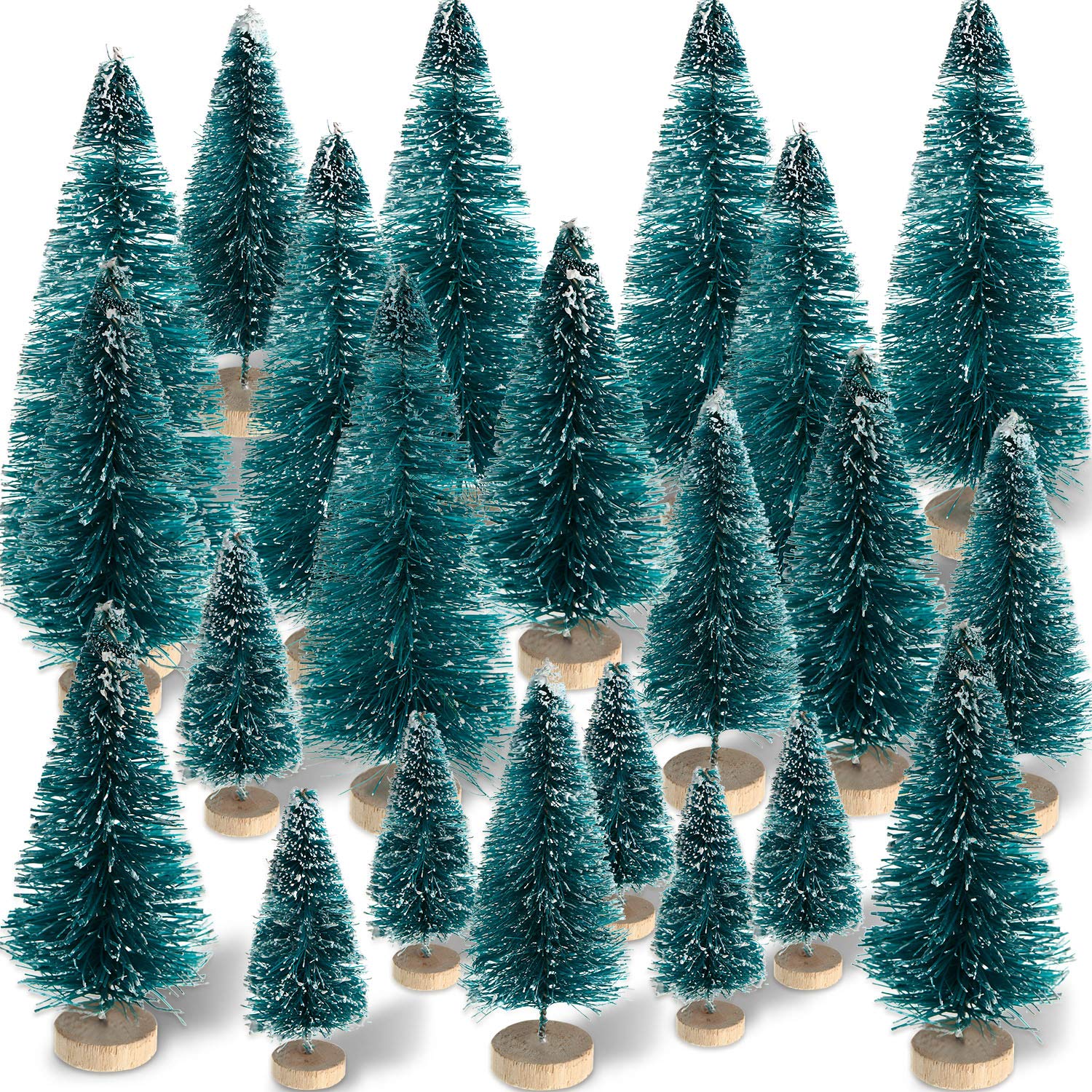 Photo 1 of 60 Pieces Mini Sisal Snow Frost Trees Winter Mini Pine with Wood Base Bottle Brush Trees Plastic Winter Snow Ornaments Tabletop Trees for Christmas Decoration and Display