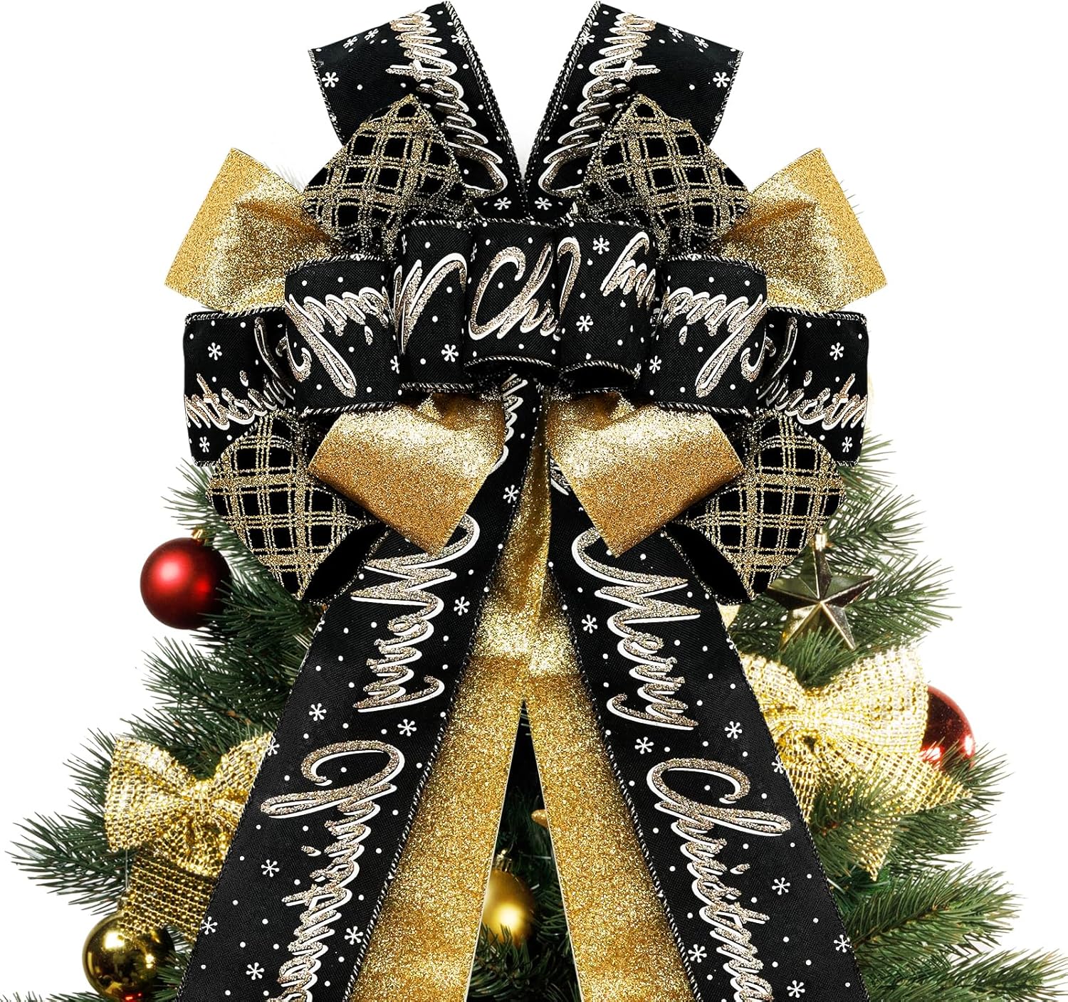 Tree Toppers - GOGOSY Christmas Tree Topper Bow,48''x 13'' Large Glitter Satin Christmas Wreath Bows Xmas Ornaments with Long Plaid Streamer Wired Edge Ribbon for Farmhouse Christmas Decoration (Black and Gold)