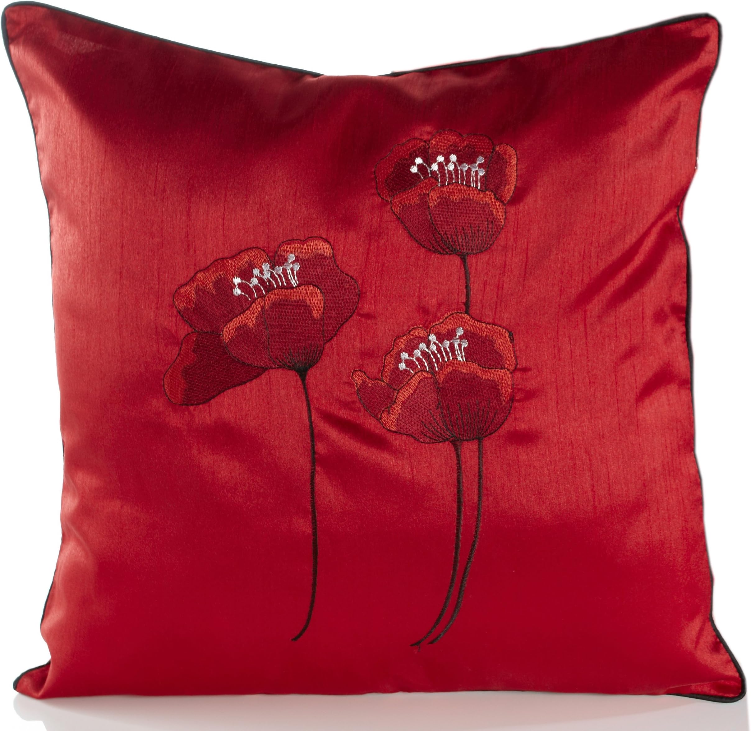 Poppies Red & Black Piped Faux Silk 18" Cushion Cover