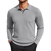 COOFANDY Men's Knit Polo Sweater Long Sleeve Casual Collared Quarter Button Golf Waffle Textured Sweater