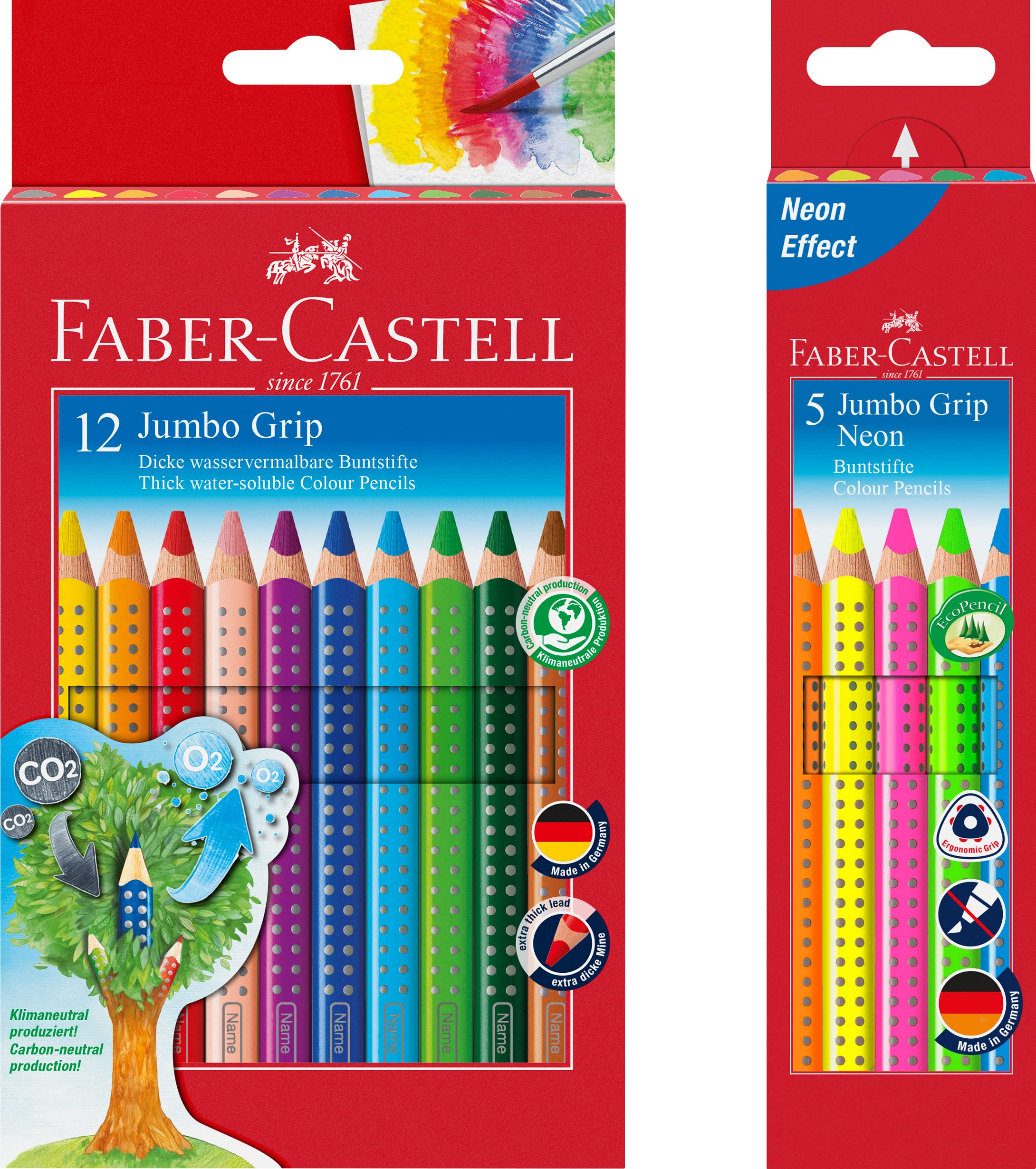 Faber-Castell 110912 Colored pencils Jumbogrip (including sharpener) 12 cardboard box. 6 + 12 Bundle neon + bunt