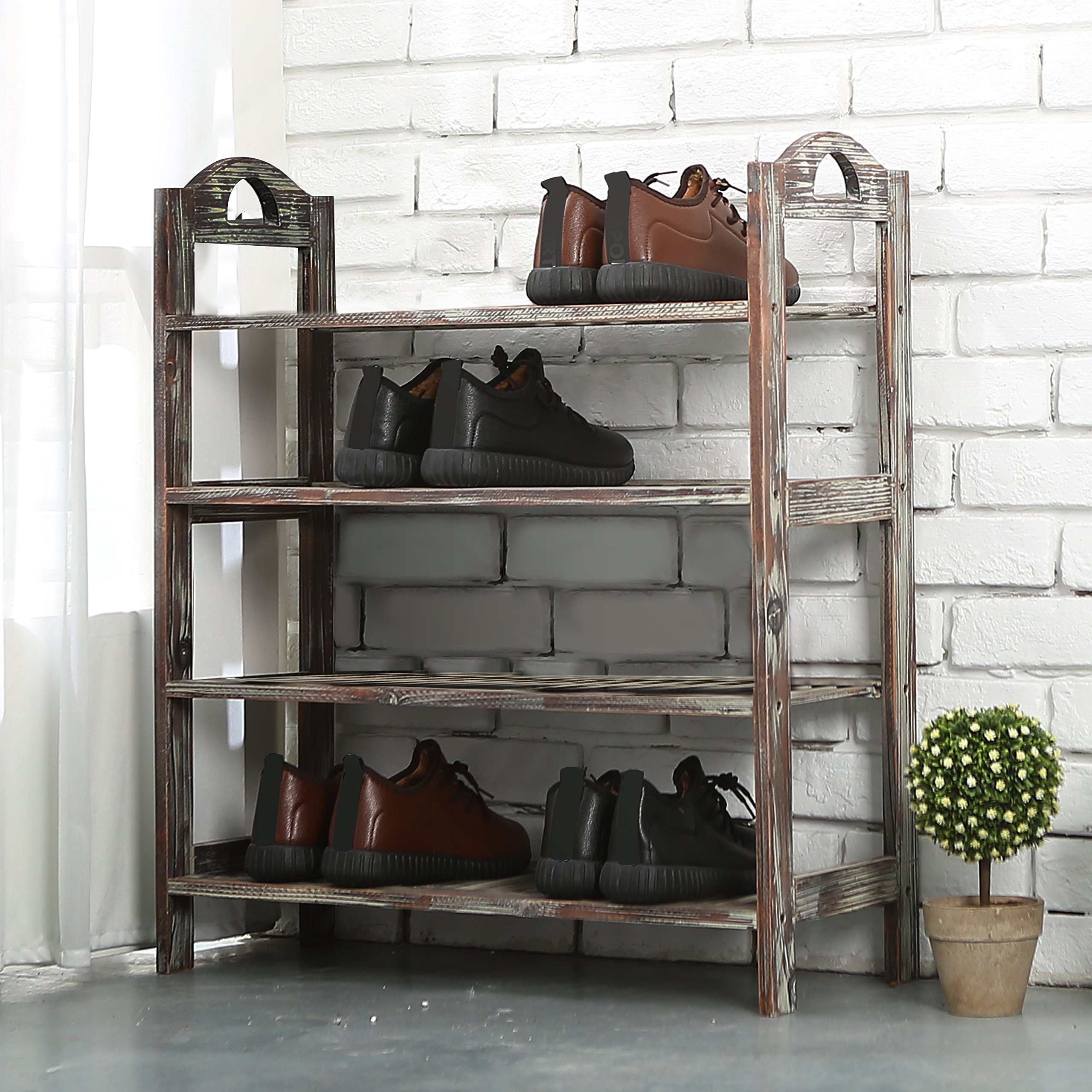4 Tier Country Rustic Torched Wood Slatted Storage Shoe Rack, Entryway